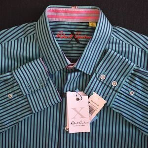 NWT Robert Graham X Collection L/S Trinity Woven Striped Indian Teal Tailored